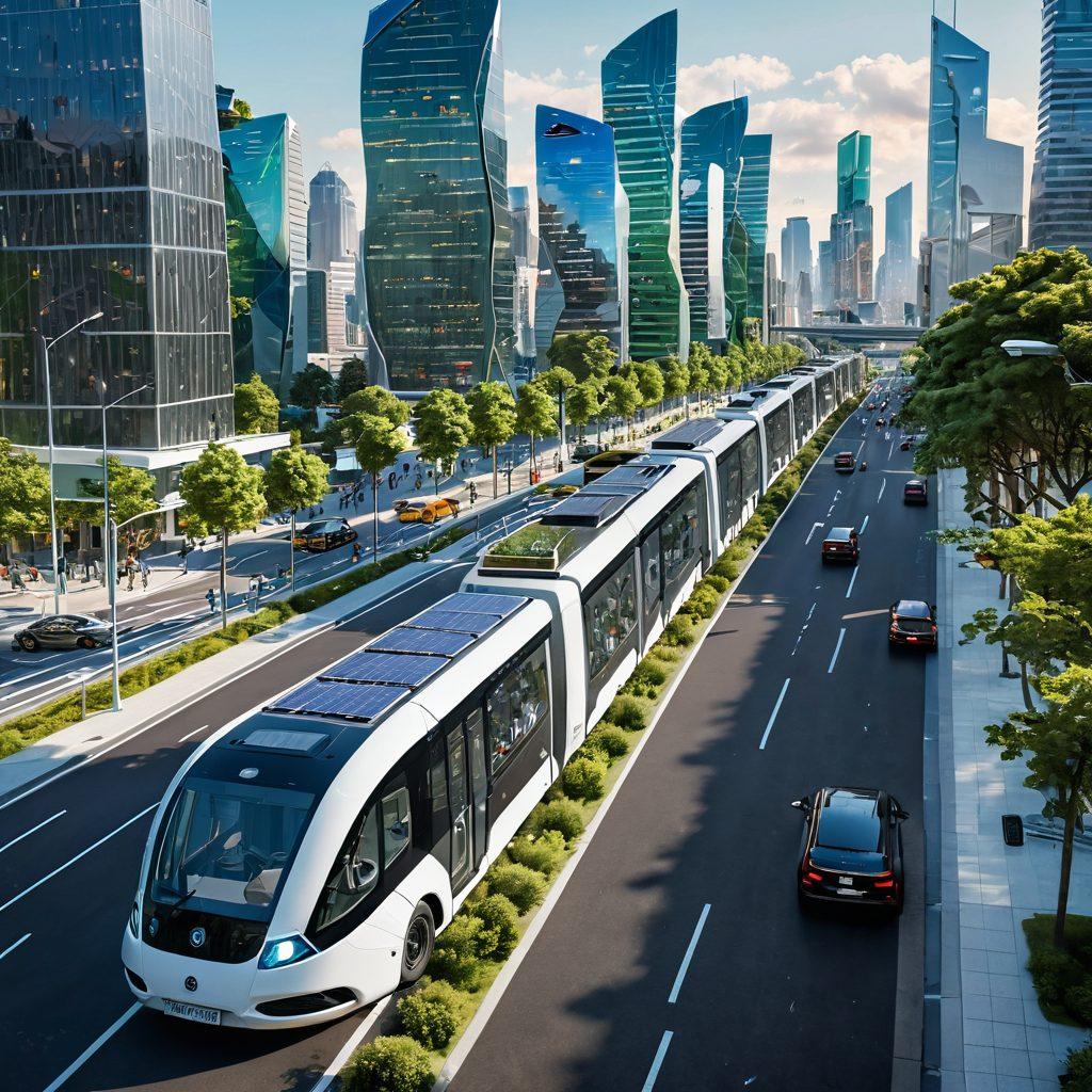 An innovative cityscape showcasing modern urban mobility solutions, featuring sleek electric vehicles, smart traffic systems, and bustling pedestrian walkways filled with diverse people. Include futuristic elements like drones and automated public transport, and vibrant green spaces interspersed throughout the metropolis. The skyline should be dotted with smart buildings featuring solar panels and greenery. super-realistic. vibrant colors. futuristic style.