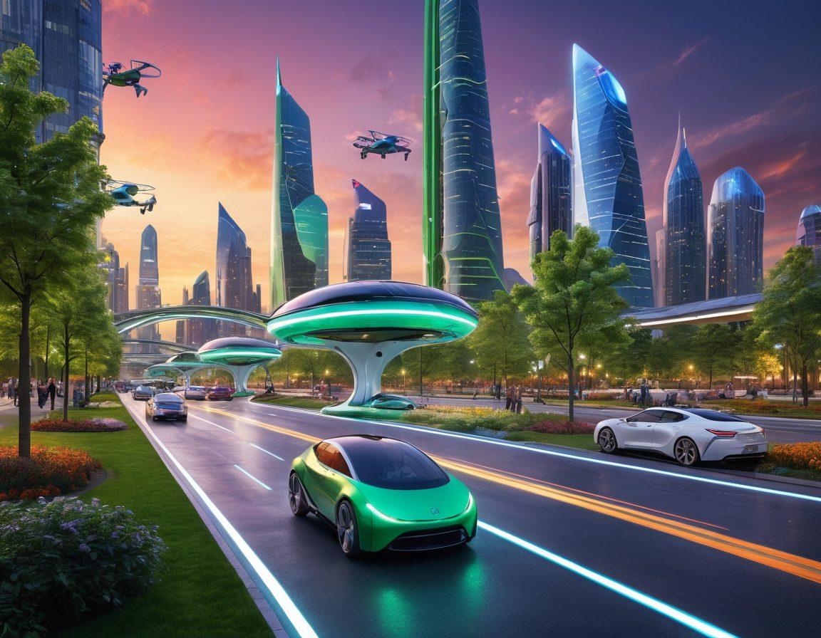 A futuristic cityscape showcasing innovative transportation solutions like flying cars, electric bikes, and autonomous shuttles, with vibrant green parks integrated into the urban environment. In the foreground, a diverse group of people tap on their smartphones to summon rides, while dynamic light trails show movement and connectivity. The skyline reflects a blend of advanced technology and sustainability. super-realistic. vibrant colors. dynamic composition.