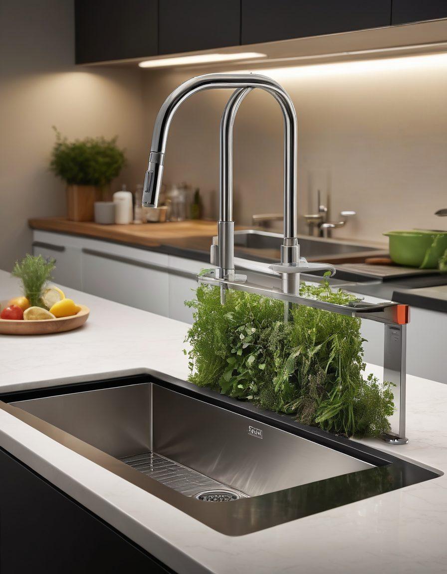 A modern, sleek tap design in a contemporary kitchen setting, showcasing the innovative features of Tapsi's solutions. Include a happy family using the tap to fill a glass, with ambient lighting highlighting its functionality. Incorporate smart technology elements like touch controls and water-saving features, surrounded by fresh herbs and a clean countertop. super-realistic. vibrant colors.